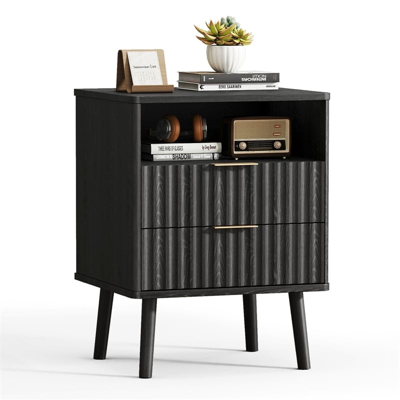 Black Fluted Nightstand - 2 Drawer Engineered Wood Bedside Table with Rose Gold Handle
