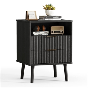 Black Fluted Nightstand - 2 Drawer Engineered Wood Bedside Table