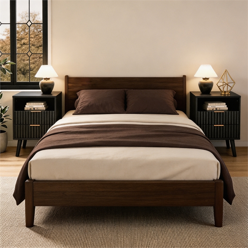 Black Fluted Nightstands Set of 2 with 2 Drawers Open Shelf Engineered Wood Bedside Tables Rose Gold Handles