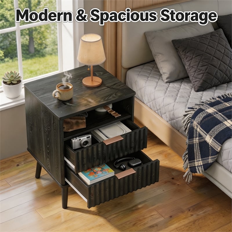 Black Fluted Nightstands Set of 2 with 2 Drawers Open Shelf Engineered Wood Bedside Tables Rose Gold Handles