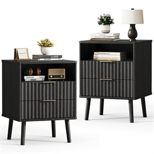 Black Fluted Nightstands Set of 2 - Engineered Wood 24 Inch 2 Drawer Bedside Table with Rose Gold Handle