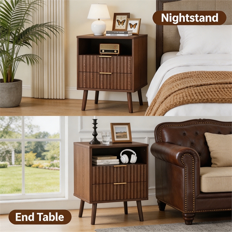 Brown Fluted Nightstands Set of 2 - Engineered Wood 2 Drawer Bedside Table