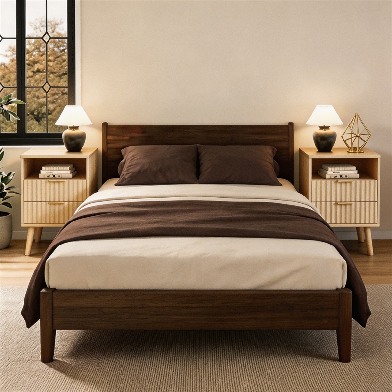 Medium Wood Fluted Nightstands Set of 2 - 2 Drawer Engineered Wood Bedside Table