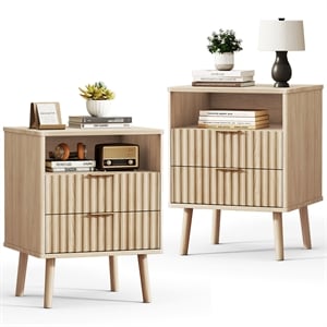 Medium Wood Fluted Nightstands Set of 2 - 2 Drawer Engineered Wood Bedside Table