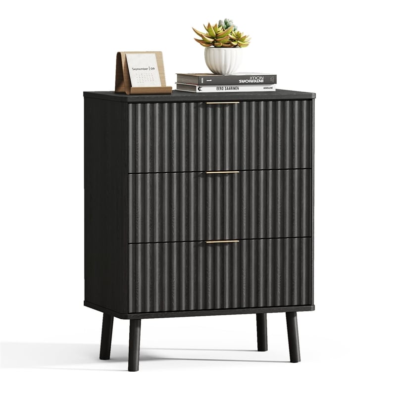 Black Fluted Nightstand - 3 Drawer Engineered Wood Bedside Table with Rose Gold Handles