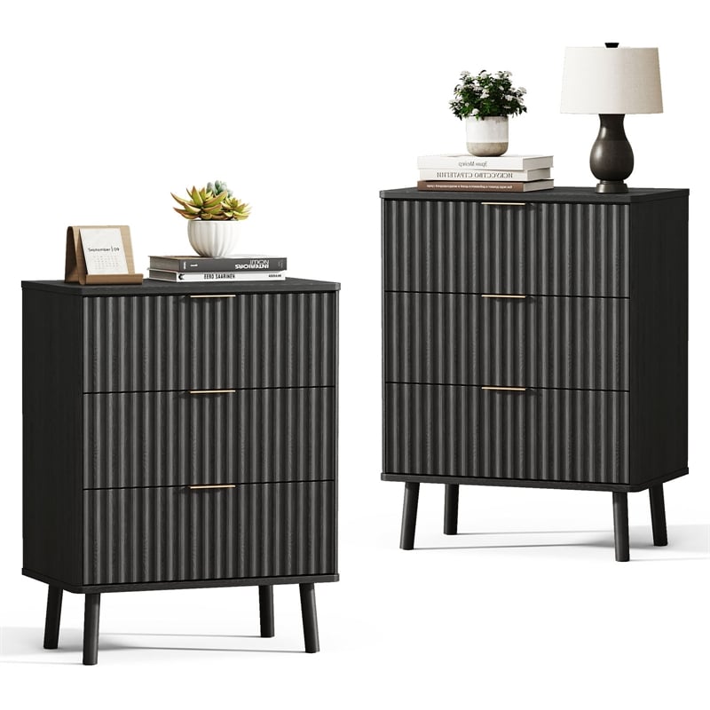 Black Fluted Nightstands Set of 2 - 3 Drawer Engineered Wood Bedside Tables with Rose Gold Handles