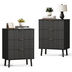 Black Fluted Nightstands Set of 2 - 3 Drawer Engineered Wood Bedside Tables with Rose Gold Handles