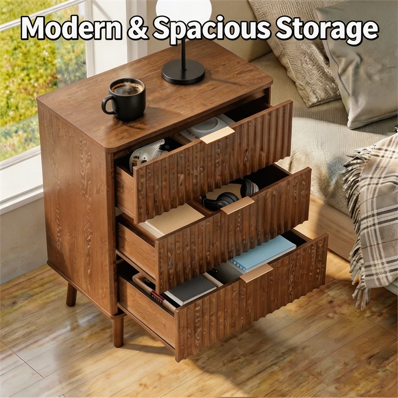 Brown Fluted Nightstand with 3 Drawers Engineered Wood Bedside Table Rose Gold Handles