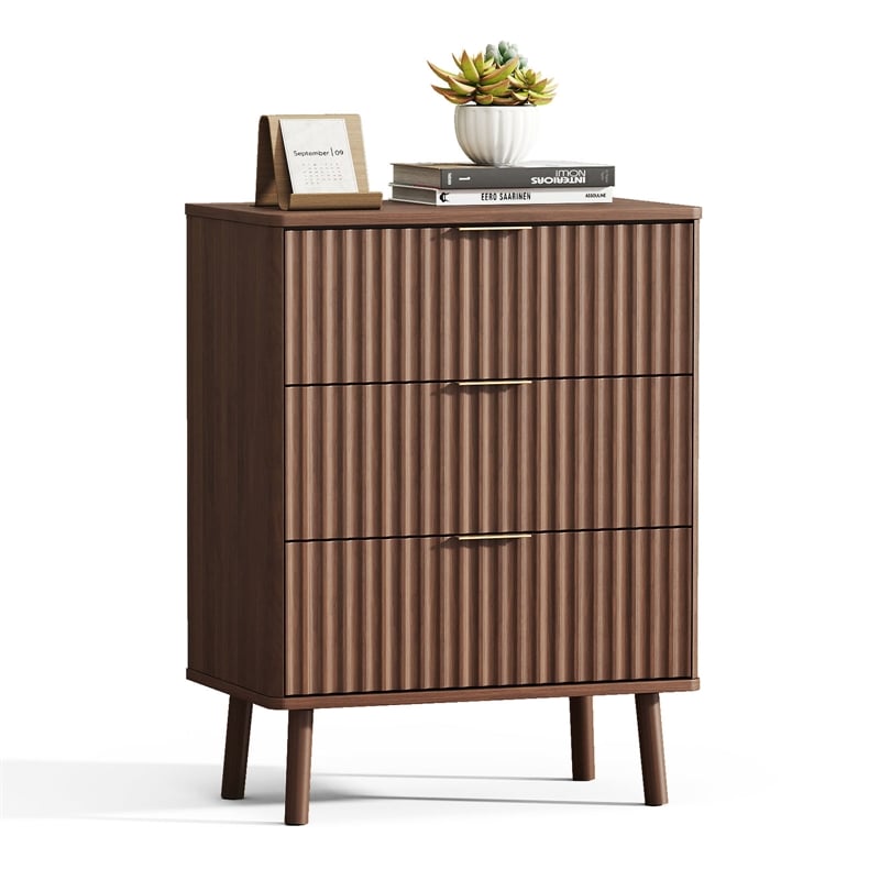 Brown Fluted Nightstand - 3 Drawer Engineered Wood Bedside Table with Rose Gold Handles