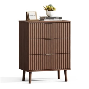 Brown Fluted Nightstand with 3 Drawers Engineered Wood Bedside Table Rose Gold Handles