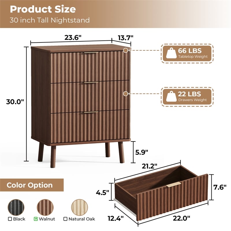 Medium Wood Fluted Nightstands Set of 2 - 3 Drawer Engineered Wood Bedside Table