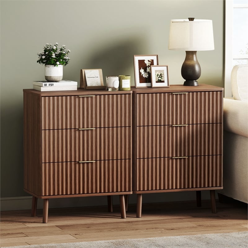 Medium Wood Fluted Nightstands Set of 2 - 3 Drawer Engineered Wood Bedside Table