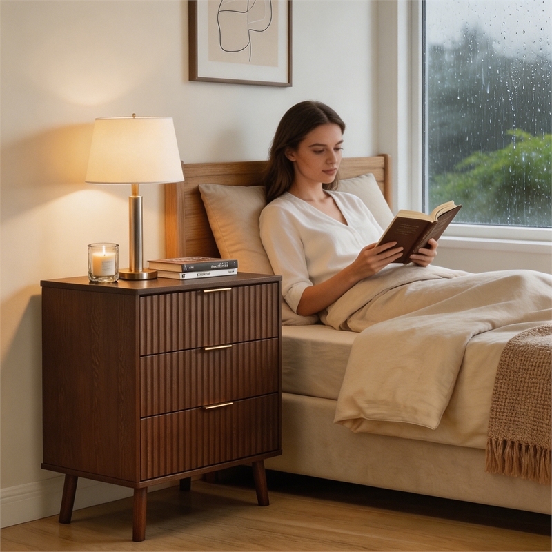 Brown Fluted Nightstands Set of 2 - 3 Drawer Engineered Wood Bedside Tables with Rose Gold Handles