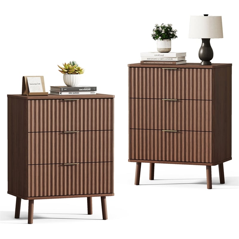 Medium Wood Fluted Nightstands Set of 2 - 3 Drawer Engineered Wood Bedside Table