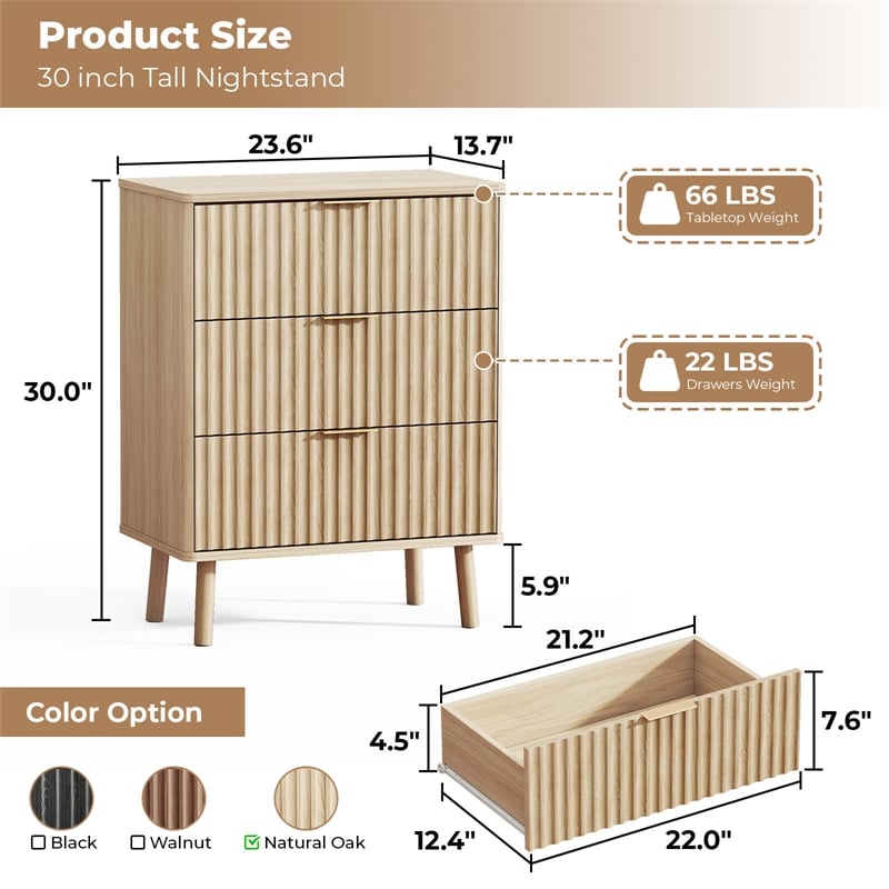 Medium Wood Fluted Nightstands Set of 2 - 3 Drawer Engineered Wood Bedside Table