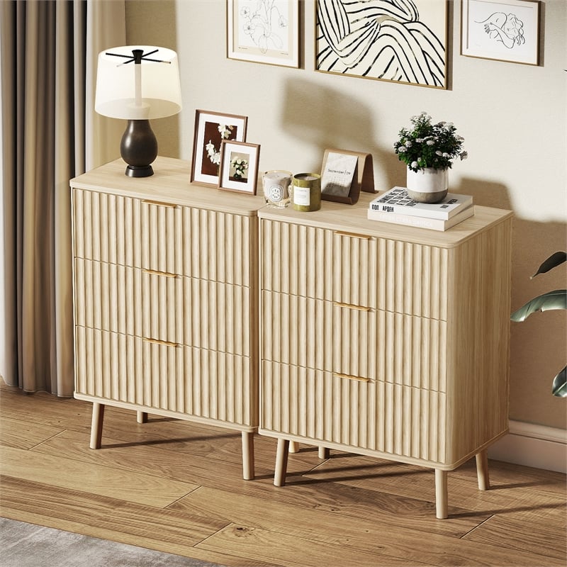 Medium Wood Fluted Nightstands Set of 2 - 3 Drawer Engineered Wood Bedside Table