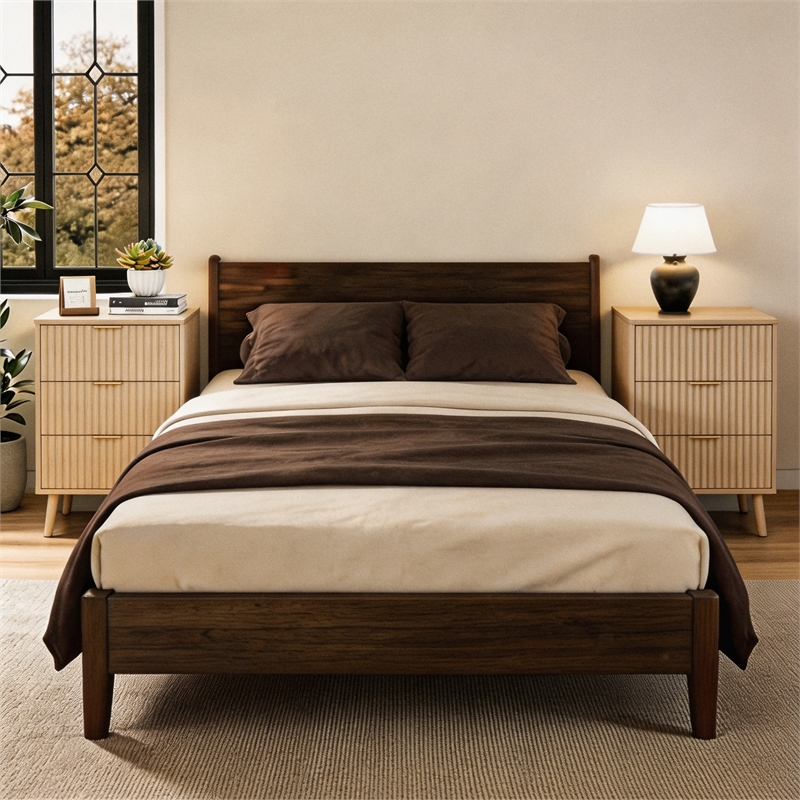 Medium Wood Fluted Nightstands Set of 2 - 3 Drawer Engineered Wood Bedside Table