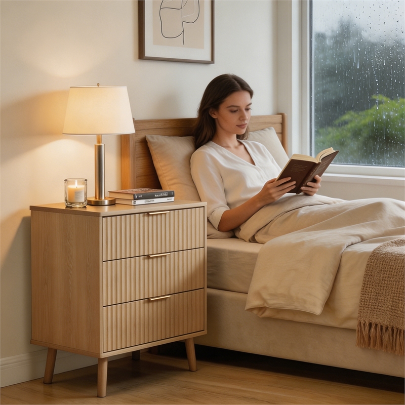 Medium Wood Fluted Nightstands Set of 2 - 3 Drawer Engineered Wood Bedside Table