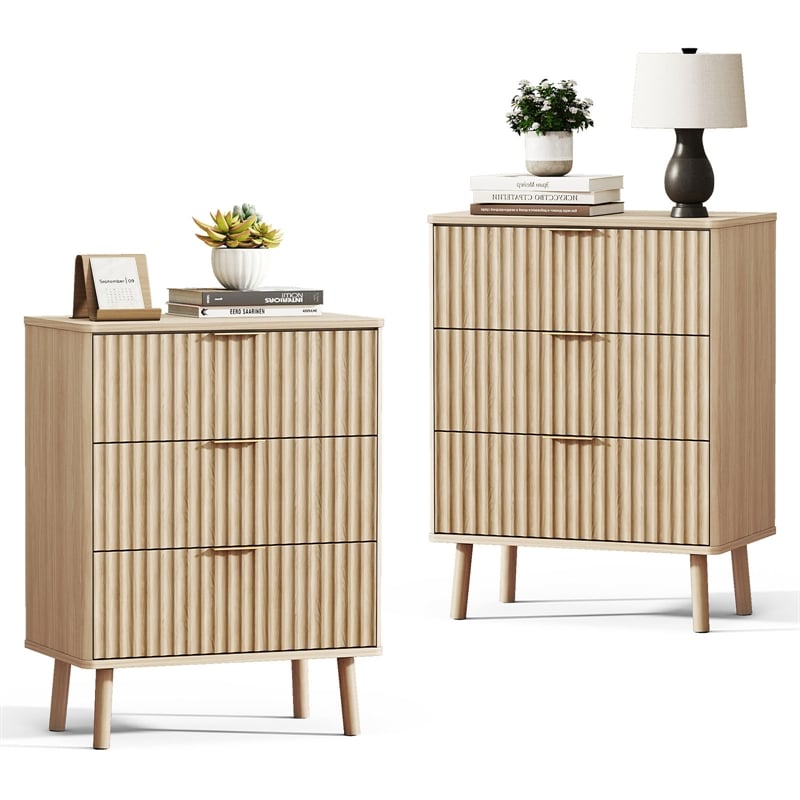 Medium Wood Fluted Nightstands Set of 2 - 3 Drawer Engineered Wood Bedside Table