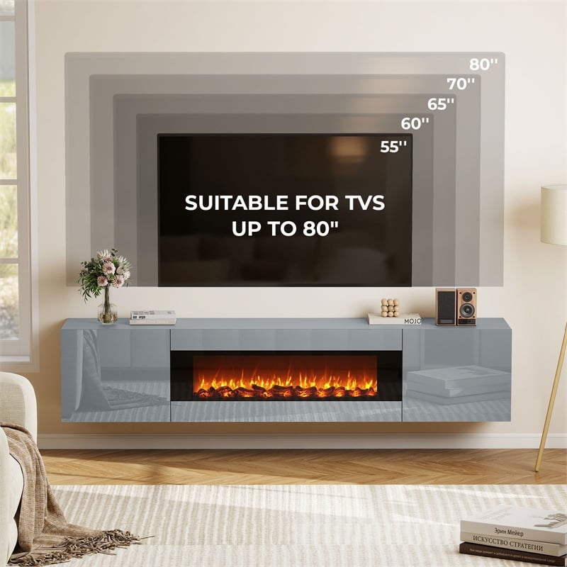 Gray Floating TV Stand with Fireplace - 70 Inch Engineered Wood Entertainment Center