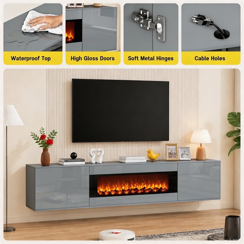 Gray Floating TV Stand with Fireplace - 70 Inch Engineered Wood Entertainment Center