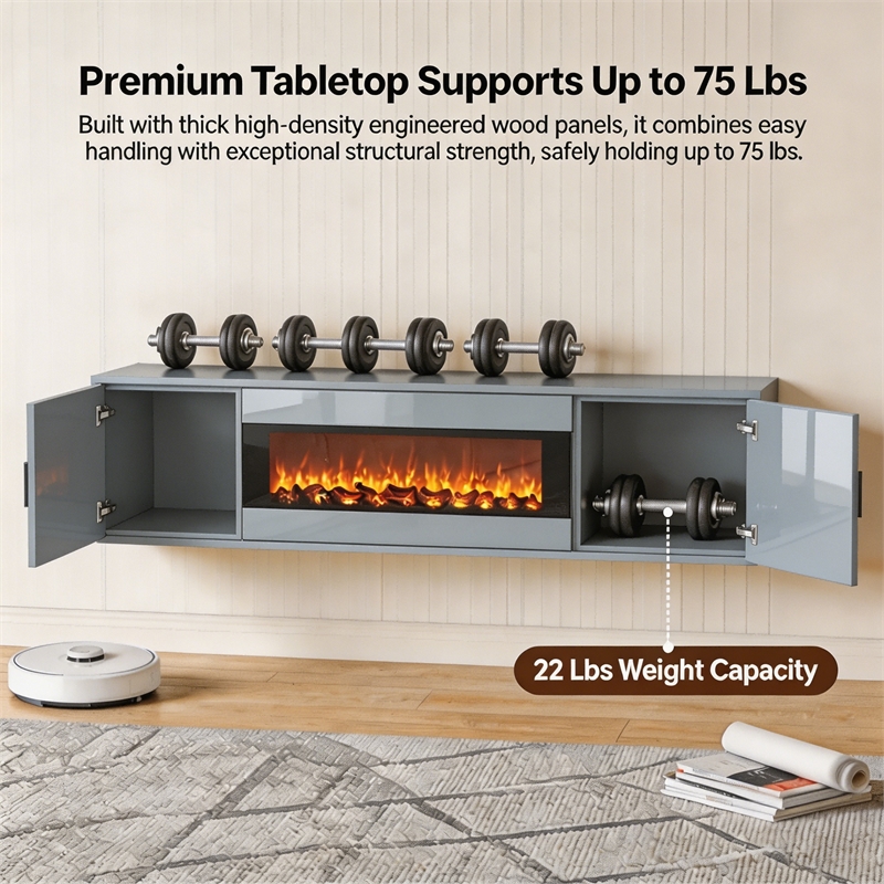 Gray Floating TV Stand with Fireplace - 70 Inch Engineered Wood Entertainment Center
