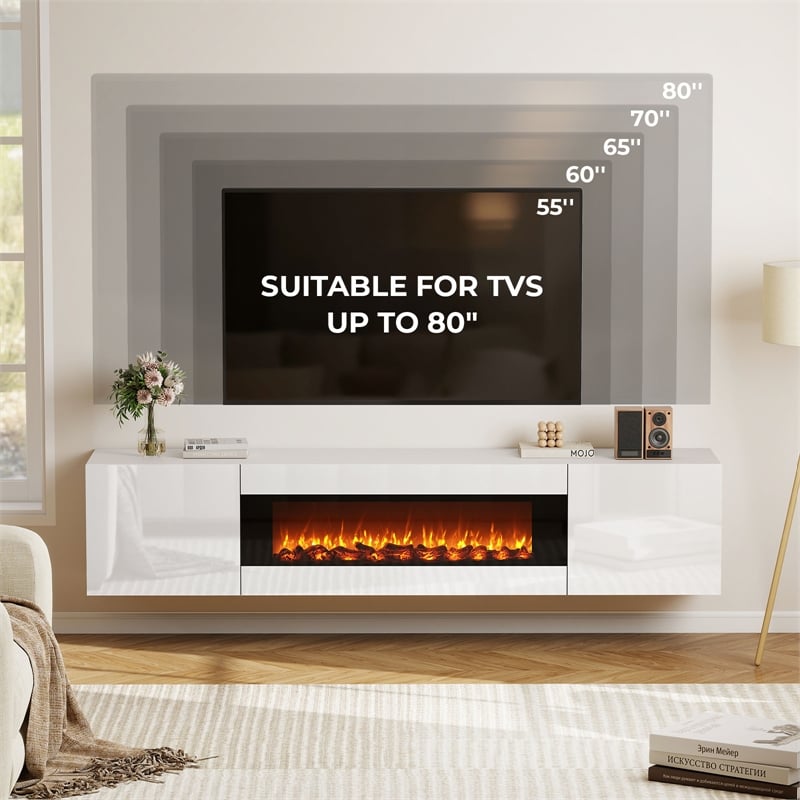 White Floating TV Stand with Fireplace - 70 Inch Engineered Wood Entertainment Center