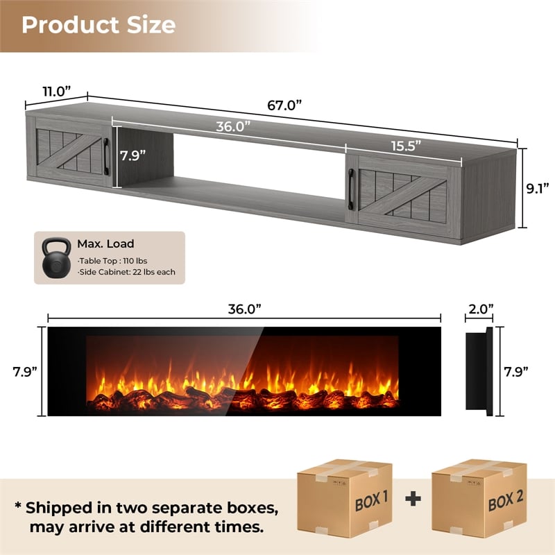 67 Inch Floating TV Stand - 36 Inch Fireplace Gray Engineered Wood High-Gloss Cabinet Doors for Living Room