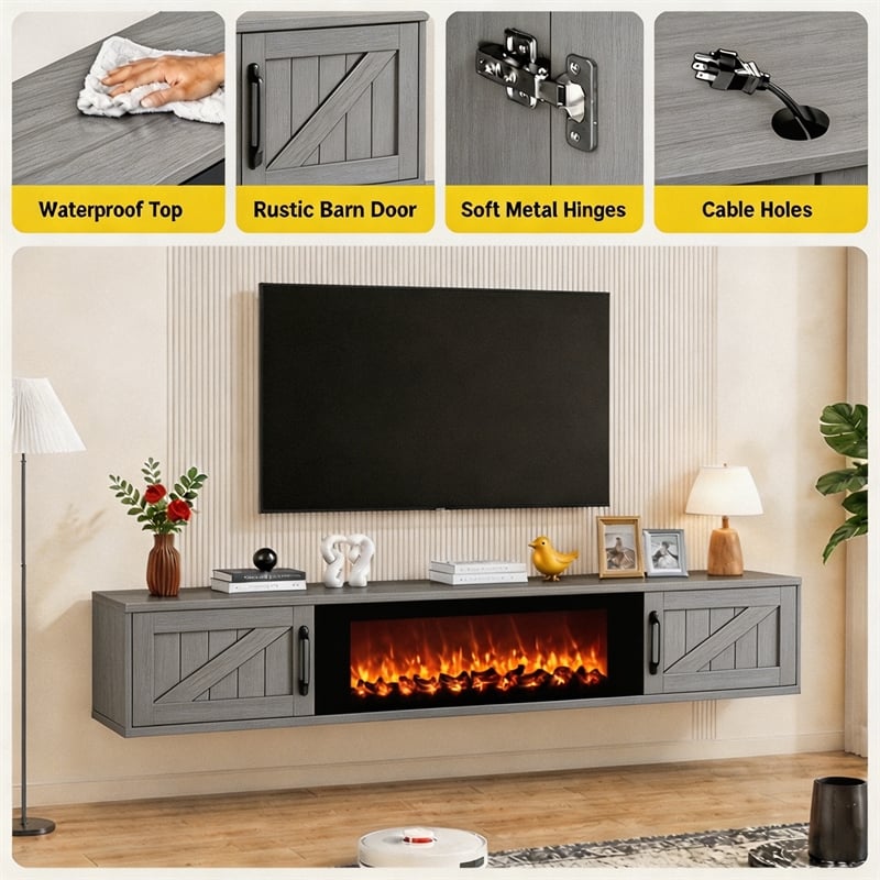 67 Inch Floating TV Stand - 36 Inch Fireplace Gray Engineered Wood High-Gloss Cabinet Doors for Living Room