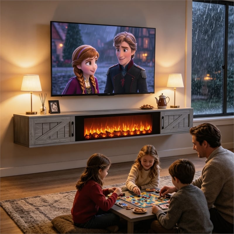 67 Inch Floating TV Stand - 36 Inch Fireplace Gray Engineered Wood High-Gloss Cabinet Doors for Living Room