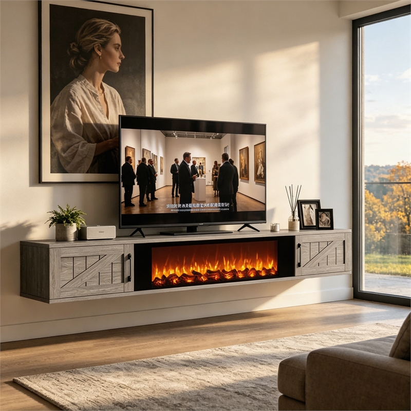 67 Inch Floating TV Stand - 36 Inch Fireplace Gray Engineered Wood High-Gloss Cabinet Doors for Living Room
