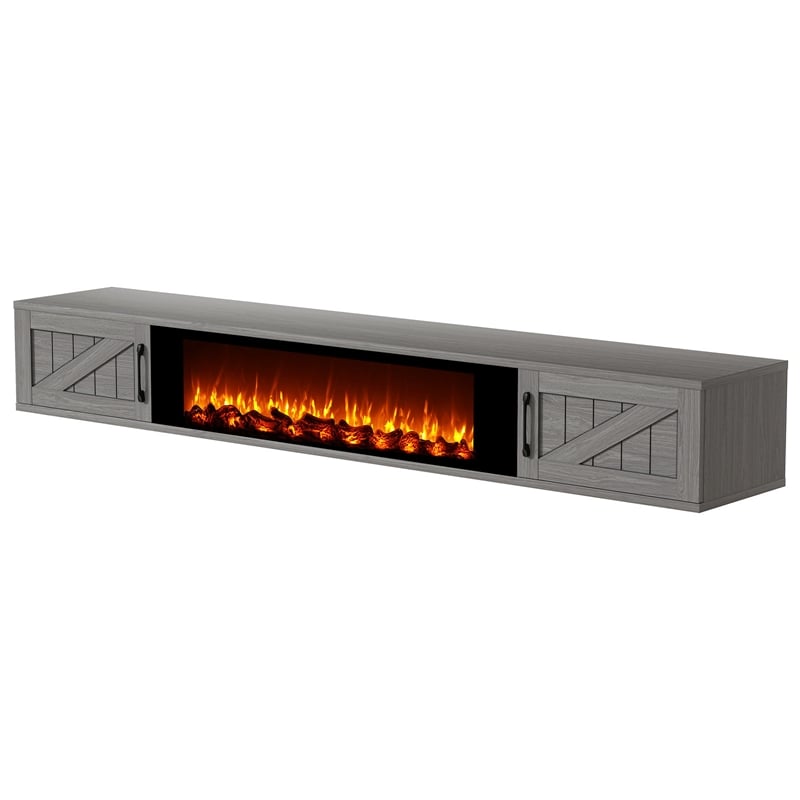 67 Inch Floating TV Stand - 36 Inch Fireplace Gray Engineered Wood High-Gloss Cabinet Doors for Living Room