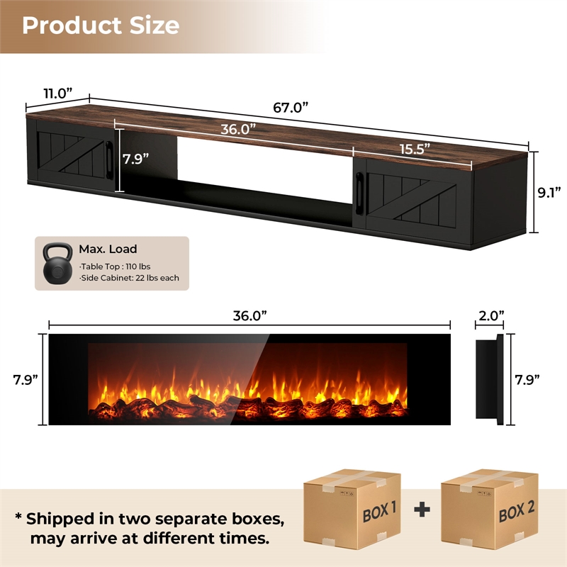 67 Inch Floating TV Stand - 36 Inch Fireplace Black Engineered Wood High-Gloss Cabinet Doors for Living Room Compact Homes