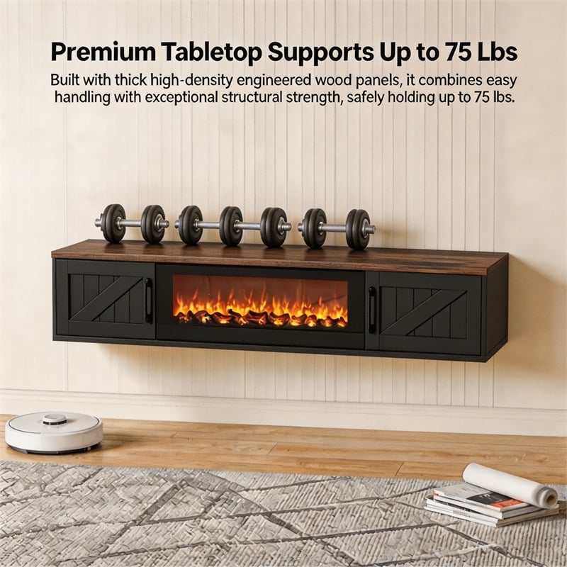 67 Inch Floating TV Stand - 36 Inch Fireplace Black Engineered Wood High-Gloss Cabinet Doors for Living Room Compact Homes