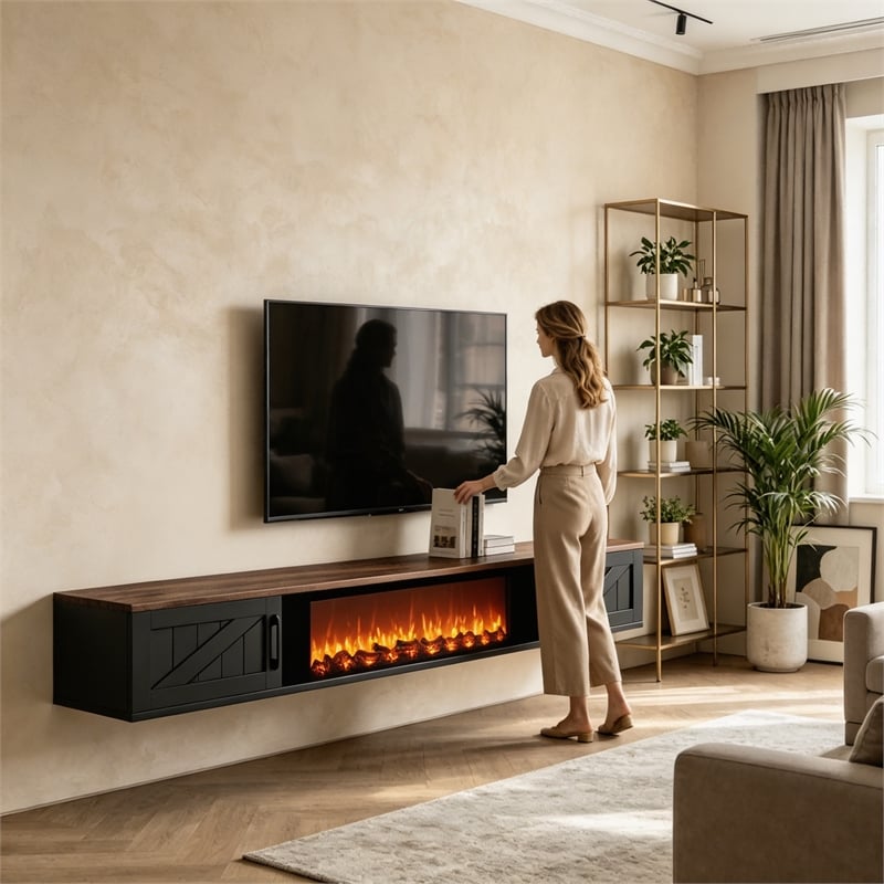 67 Inch Floating TV Stand - 36 Inch Fireplace Black Engineered Wood High-Gloss Cabinet Doors for Living Room Compact Homes
