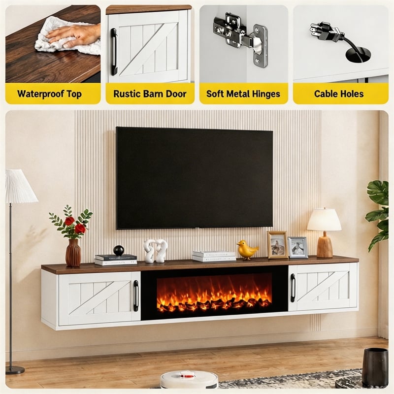 67 Inch Floating TV Stand - 36 Inch Fireplace White Engineered Wood High-Gloss Cabinet Doors for Living Room