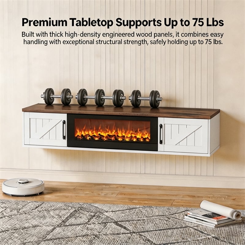 67 Inch Floating TV Stand - 36 Inch Fireplace White Engineered Wood High-Gloss Cabinet Doors for Living Room