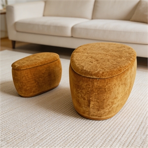 2-Piece Yellow Chenille Storage Ottoman Set - Nesting Solid Wood Coffee Table
