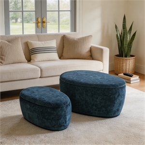 2-Piece Blue Chenille Storage Ottoman Set - Nesting Solid Wood Coffee Table