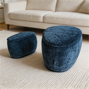 2-Piece Blue Chenille Storage Ottoman Set - Nesting Solid Wood Coffee Table