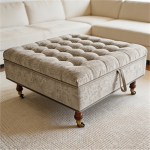 Light Gray Chenille Storage Ottoman on Wheels - Square Solid Wood Footstool