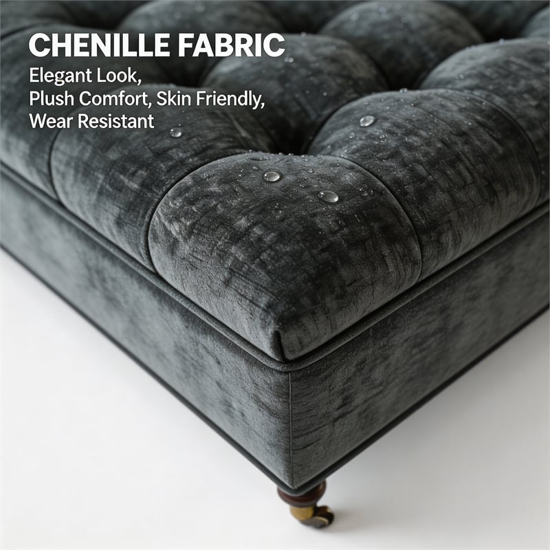 Dark Gray Chenille Storage Ottoman on Wheels - Square Solid Wood Footstool