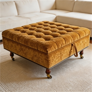 Yellow Chenille Storage Ottoman on Wheels - Square Solid Wood Footstool