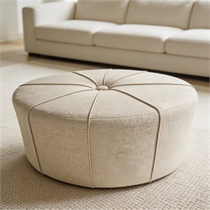 48-Inch White Linen Fabric Oversized Oval Storage Ottoman Bench for Living Room