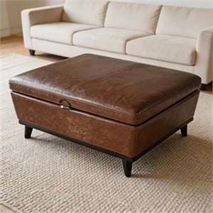 Brown Polyurethane Leather Square Storage Ottoman Bench for Living Room