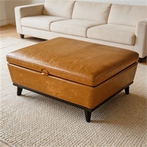 Yellow Polyurethane Leather Square Storage Ottoman Bench for Living Room