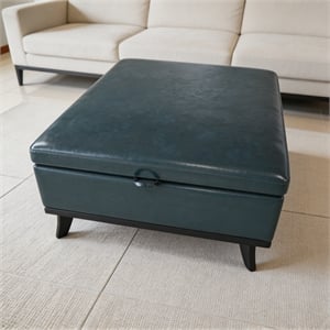 Blue Faux Leather Square Storage Ottoman Bench for Living Room