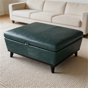 Blue Polyurethane Leather Square Storage Ottoman Bench for Living Room