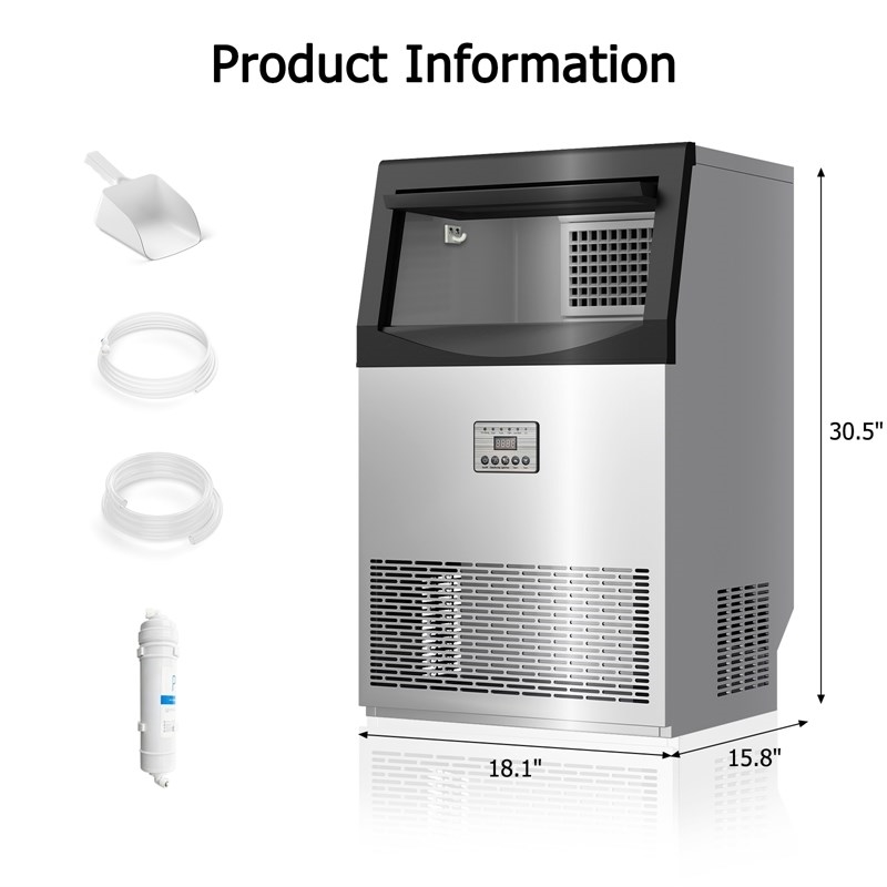 Silver Stainless Steel Ice Maker 100 Lbs Daily 33 Lbs Storage Bin Self Cleaning 6 Ice Thickness Levels LED Light