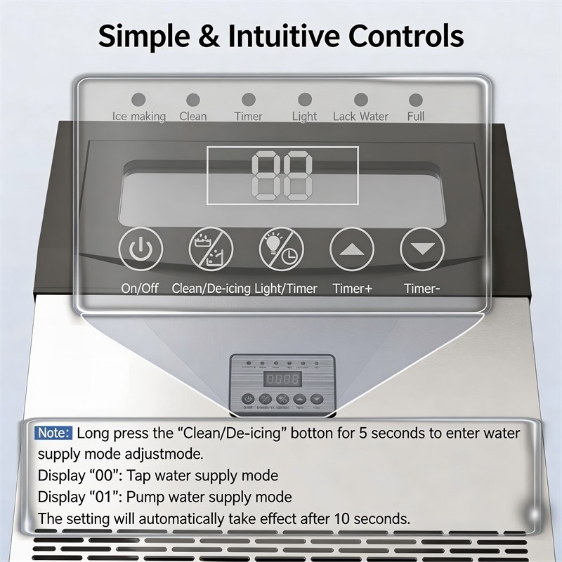 Silver Stainless Steel Ice Maker 100 Lbs Daily 33 Lbs Storage Bin Self Cleaning 6 Ice Thickness Levels LED Light